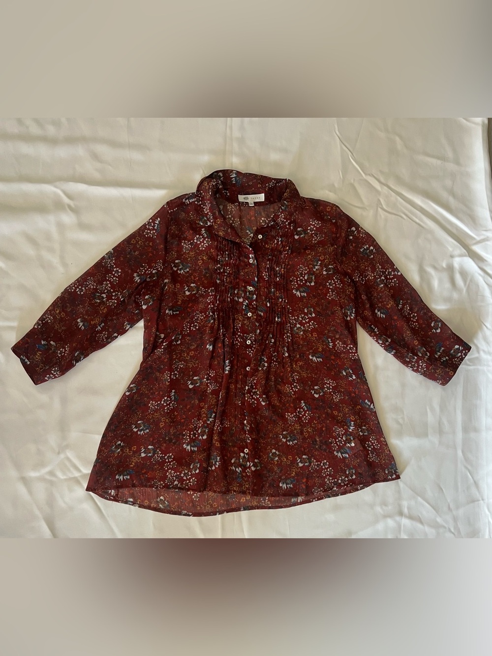 Fever Burgundy Floral Pintuck Button-Down Shirt